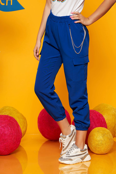 Pantaloni SunShine albastri casual 3/4 cu talie inalta buzunare laterale cu accesoriu inclus