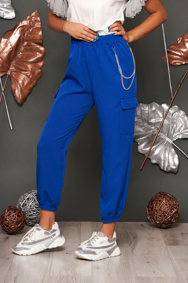 Pantaloni SunShine albastri casual cu talie inalta buzunare laterale si accesoriu inclus