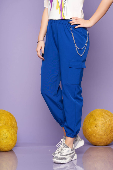 Pantaloni SunShine albastri casual cu talie inalta buzunare laterale si accesoriu inclus
