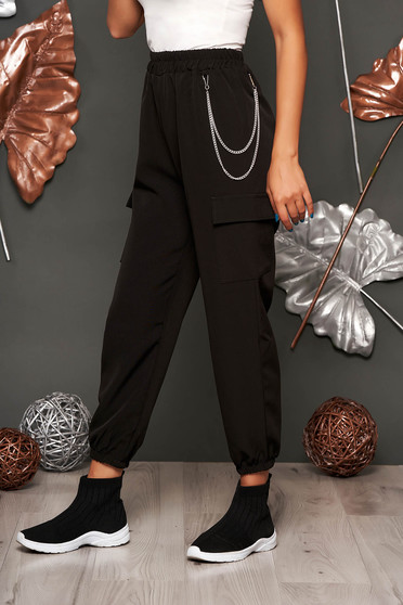 Pantaloni SunShine negri casual cu talie inalta buzunare laterale si accesoriu inclus