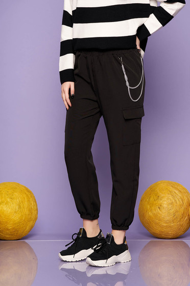 Pantaloni SunShine negri casual cu talie inalta buzunare laterale si accesoriu inclus