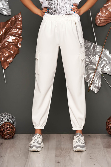 Pantaloni SunShine ivoire casual cu talie inalta buzunare laterale si accesoriu inclus