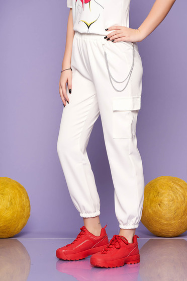 Pantaloni SunShine ivoire casual cu talie inalta buzunare laterale si accesoriu inclus