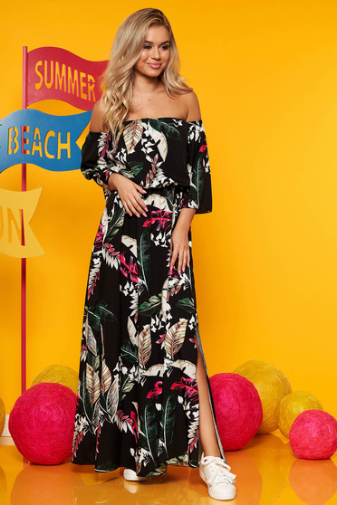 Rochie SunShine neagra rochii maxi de zi in clos cu elastic in talie maneci largi cu imprimeu floral