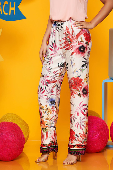 Pantaloni SunShine albi casual material subtire cu talie inalta cu imprimeu floral