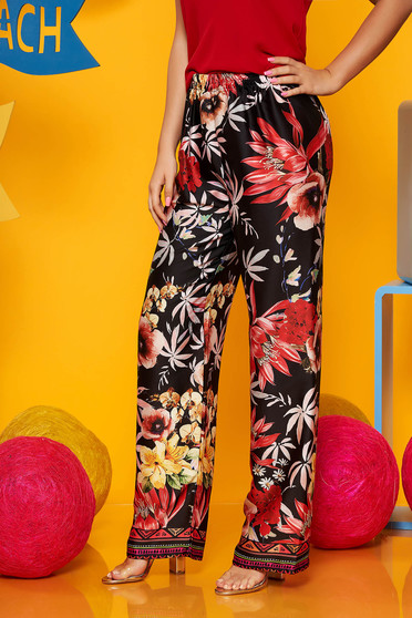 Pantaloni SunShine negri casual din material subtire cu talie inalta si imprimeu floral