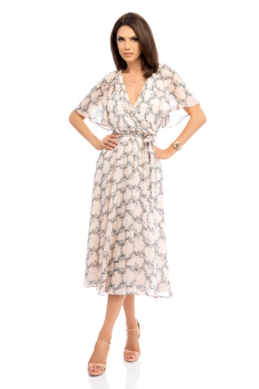 Rochie nude cu imprimeu floral si maneci clopot