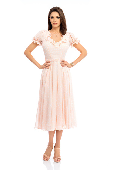 Rochie piersica eleganta midi in clos cu decolteu rotunjit cu volanase