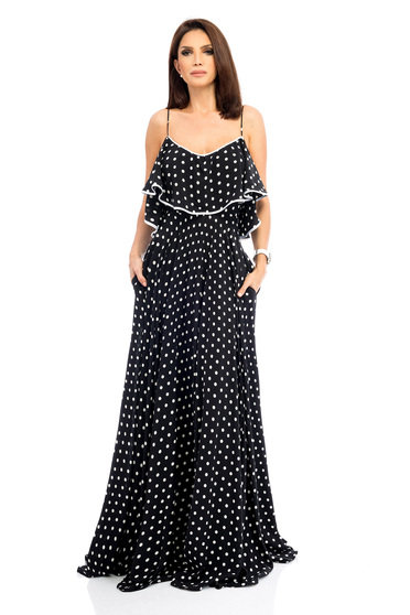 Rochie neagra lunga de ocazie cu decolteu adanc cu volanase si buzunare