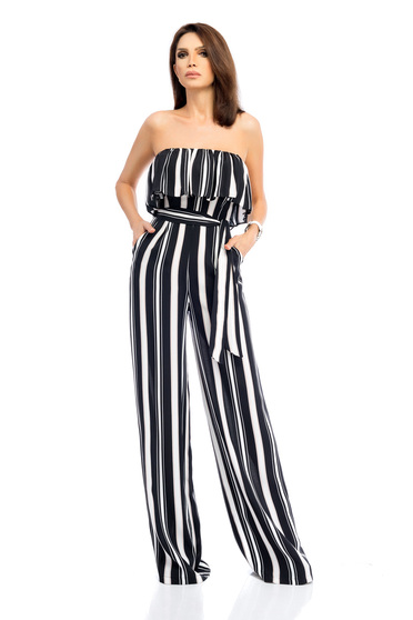 Salopeta albastru-inchis lunga eleganta pantaloni evazati accesorizata cu cordon si volanase
