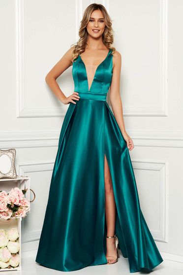 Rochie Artista verde petrol de ocazie in clos din satin decupat pe picior cu decolteu in v