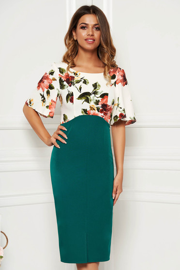Rochie verde eleganta de zi midi tip creion cu maneci tip fluture cu imprimeu floral din material usor elastic
