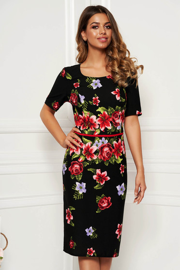 Rochie neagra eleganta de zi midi tip creion fara captuseala cu maneci scurte si imprimeu floral
