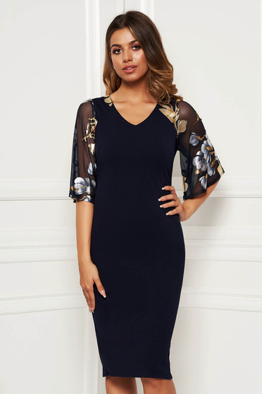 Rochie albastru-inchis eleganta de zi midi tip creion cu maneci clopot din material elastic