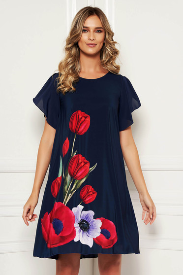 Rochie StarShinerS albastru-inchis eleganta din voal cu imprimeu floral si maneca tip