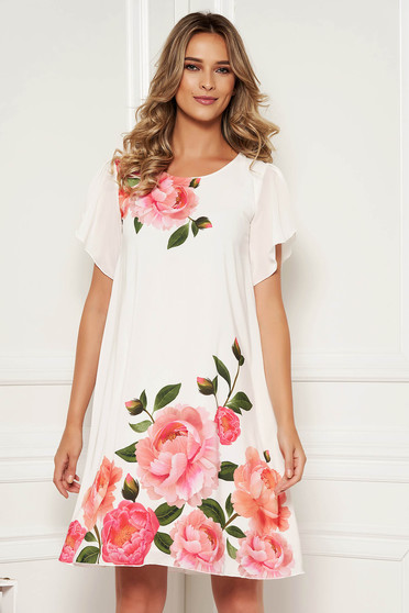 Rochie StarShinerS alba eleganta de zi din voal in clos cu imprimeu floral si maneci tip fluture