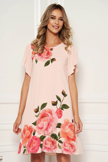 Rochie StarShinerS piersica eleganta de zi din voal in clos cu imprimeu floral cu maneci tip fluture