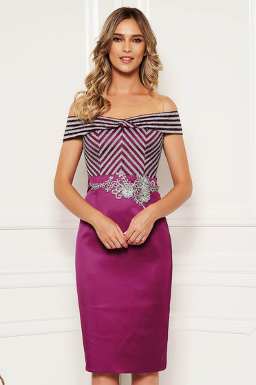 Rochie mov eleganta midi de ocazie din material satinat tip creion