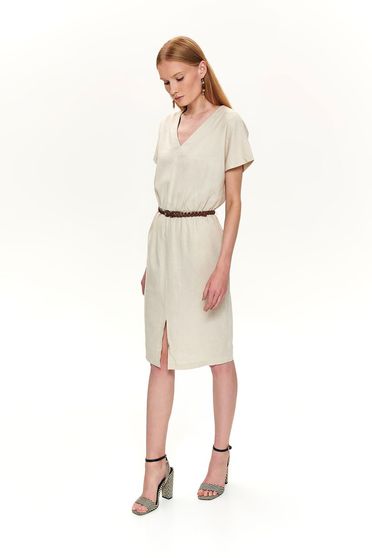 Rochie Top Secret crem de zi midi cu decolteu in v cu accesoriu tip curea