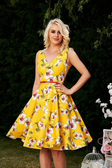 Rochie StarShinerS galbena midi de zi in clos cu imprimeu floral si decolteu adanc