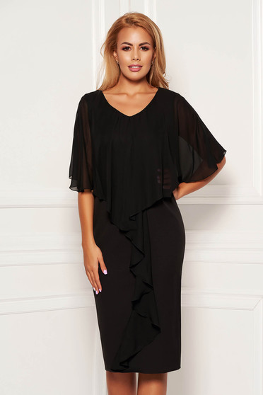 Rochie neagra midi de ocazie fara maneci cu un croi cambrat din stofa subtire usor elastica suprapunere cu voal