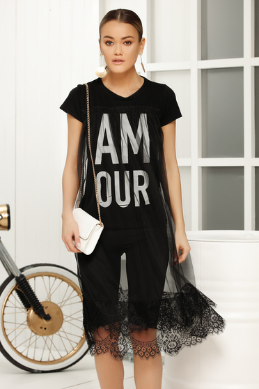 Tricou negru casual cu croi larg cu maneci scurte suprapunere de material