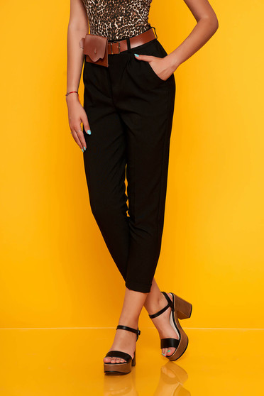 Pantaloni SunShine negri casual cu un croi drept cu talie medie cu buzunare si accesoriu tip curea