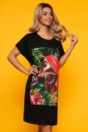 Rochie SunShine neagra casual scurta cu un croi drept din bumbac cu imprimeuri grafice
