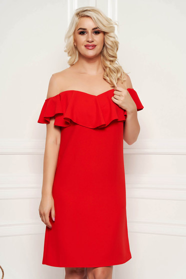 Rochie rosie eleganta cu un croi drept midi cu volanase