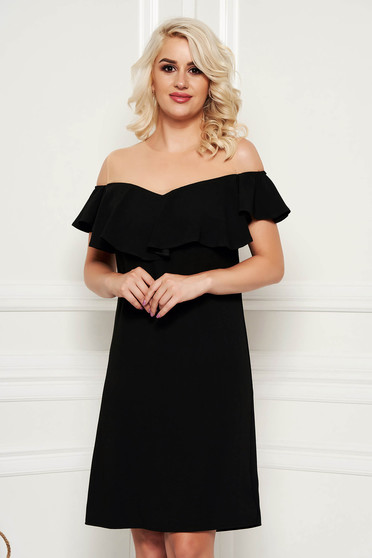 Rochie neagra eleganta cu un croi drept midi cu volanase