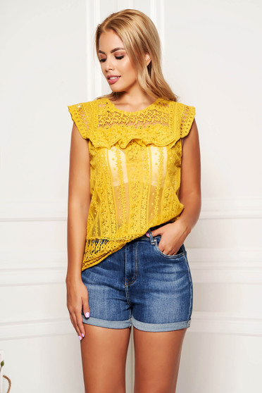 Bluza dama mustarie casual scurta cu croi larg din dantela cu maneca scurta