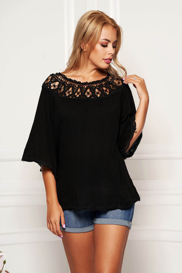 Bluza dama neagra casual scurta cu croi larg din material vaporos cu maneci trei-sferturi