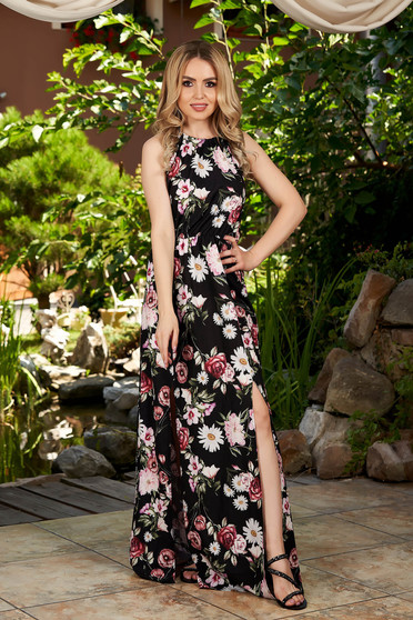 Rochie SunShine neagra maxi de zi cu guler tip halter umeri goi si imprimeu floral