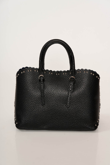 Geanta dama neagra office din piele naturala cu tinte metalice cu manere scurte