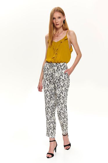 Pantaloni Top Secret crem casual snake print cu buzunare in fata cu snur in talie cu talie medie