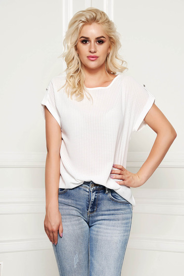 Bluza dama StarShinerS alba eleganta cu croi larg din material subtire si transparent