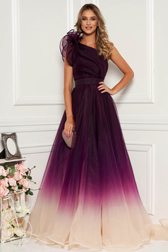 Ana Radu purple luxurious long cloche dress with inside lining accessorized with tied waistband one shoulder