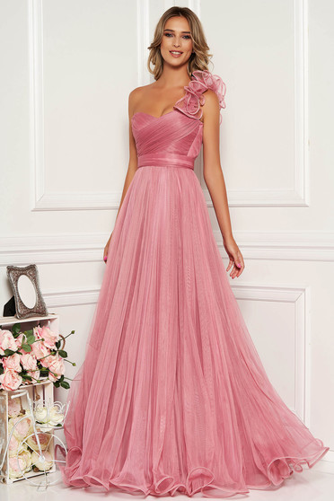 Rochie Ana Radu roz de lux lunga din tul cu bust buretat croi in clos