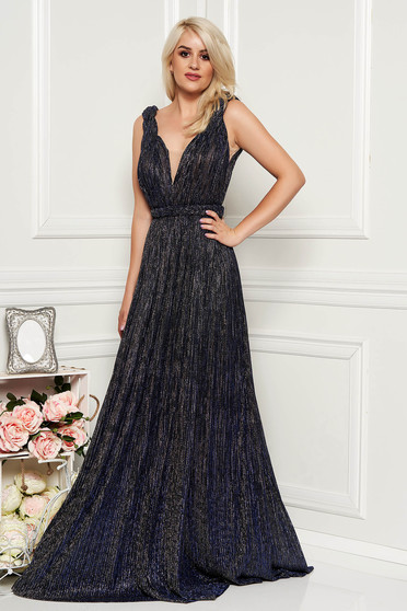 Rochie LaDonna albastru-inchis de ocazie in clos cu bust buretat si decolteu in v