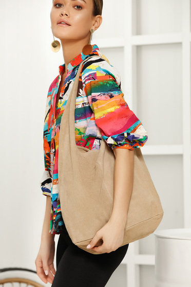 Geanta dama crem casual cu manere de lungime medie si accesoriu inclus