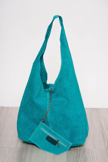 Geanta dama turcoaz casual din piele naturala cu manere de lungime medie cu accesoriu inclus