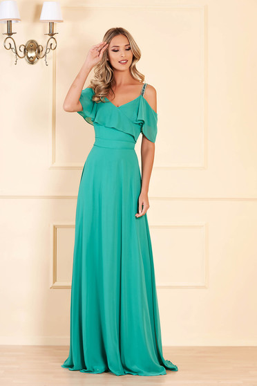 Rochie Fofy verde de ocazie lunga in clos din voal cu bretele si volanase