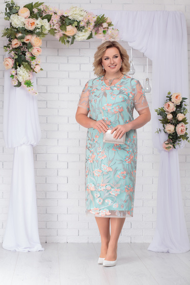 Rochie mint eleganta de ocazie cu un croi drept midi din dantela cu decolteu rotunjit