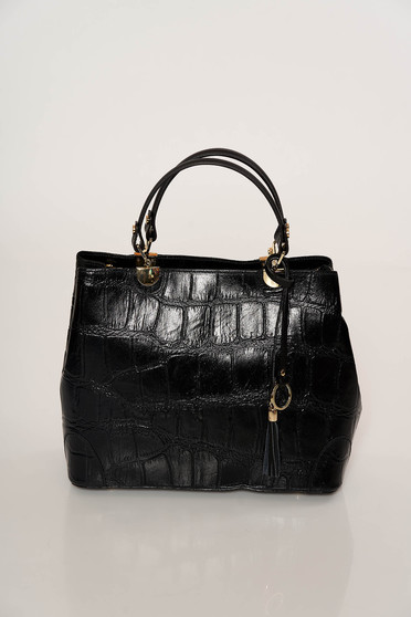 Geanta dama neagra eleganta din piele naturala snake print cu manere scurte curea umar detasabila