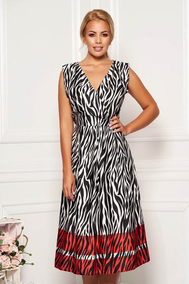 Rochie rosie midi de zi in clos cu decolteu in v accesorizata cu cordon fara maneci