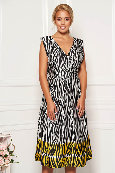 Rochie galbena midi de zi in clos cu decolteu in v accesorizata cu cordon fara maneci