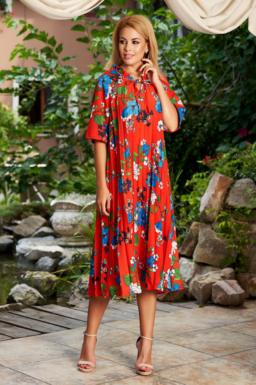 Rochie rosie de zi cu croi larg midi plisata fara captuseala cu imprimeu floral