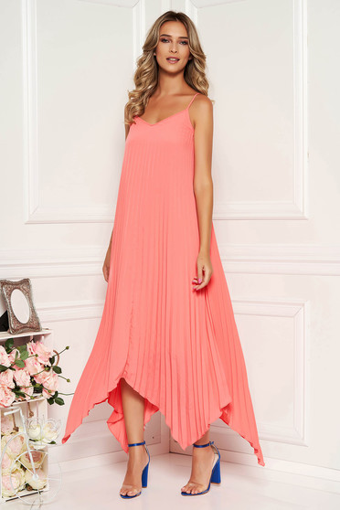 Rochie SunShine corai midi de zi cu croi larg asimetrica din voal plisata