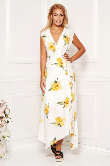 Rochie SunShine alba de zi asimetrica petrecuta cu imprimeu floral si nasturi