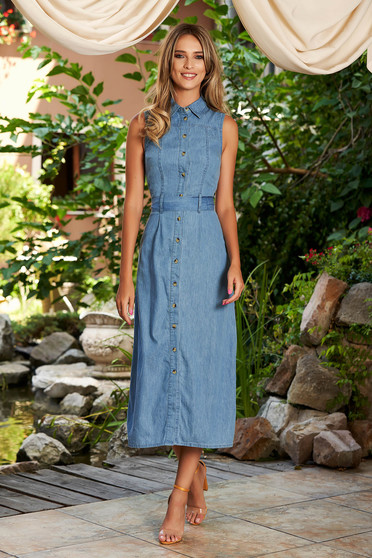 Rochie SunShine albastra casual midi cu un croi drept din bumbac fara maneci cu cordon detasabil
